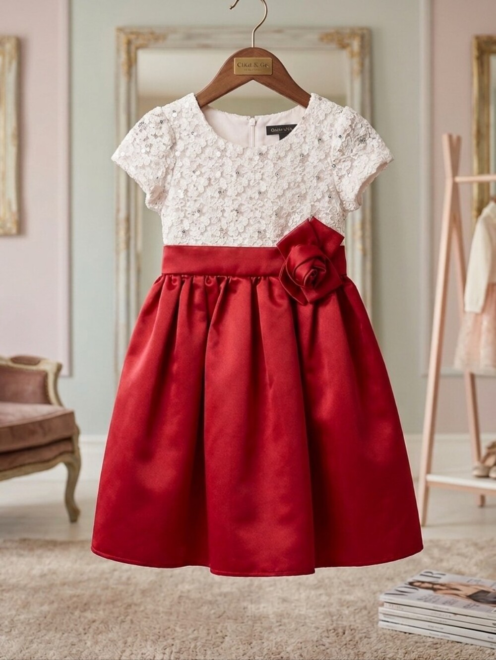Elegant Satin Dress with Floral Detail &  Sequin